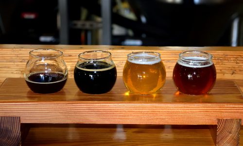 beer tasting flight on the bar